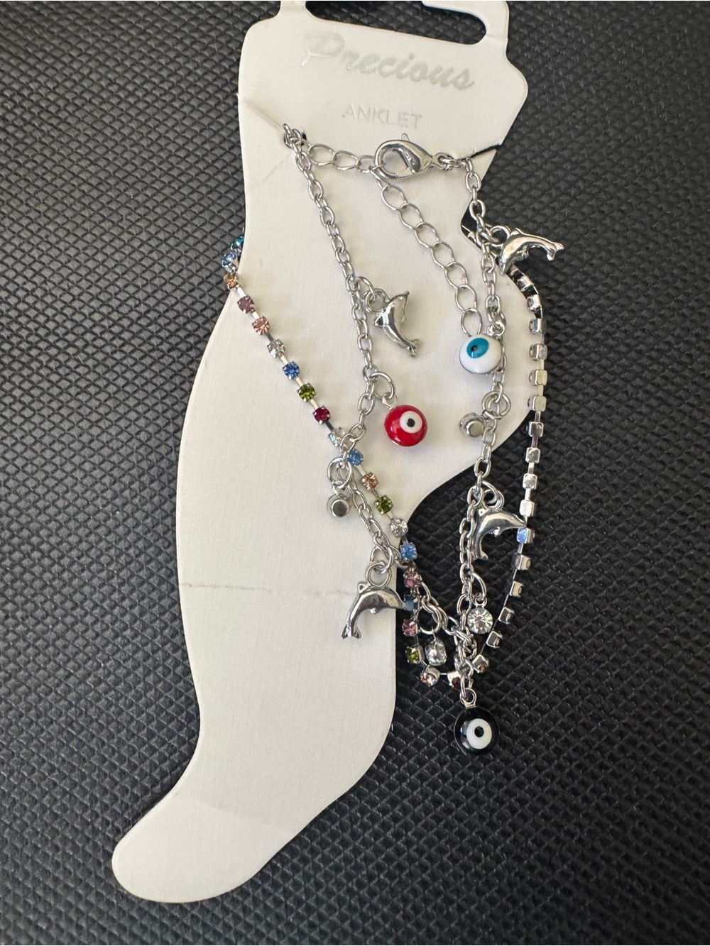New Dolphin & Evil Eye Charm Anklet - Silver Tone Multicolor
Rhinestone
